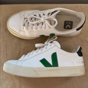 Veja White Leather Sneakers with Green V and Black Heel